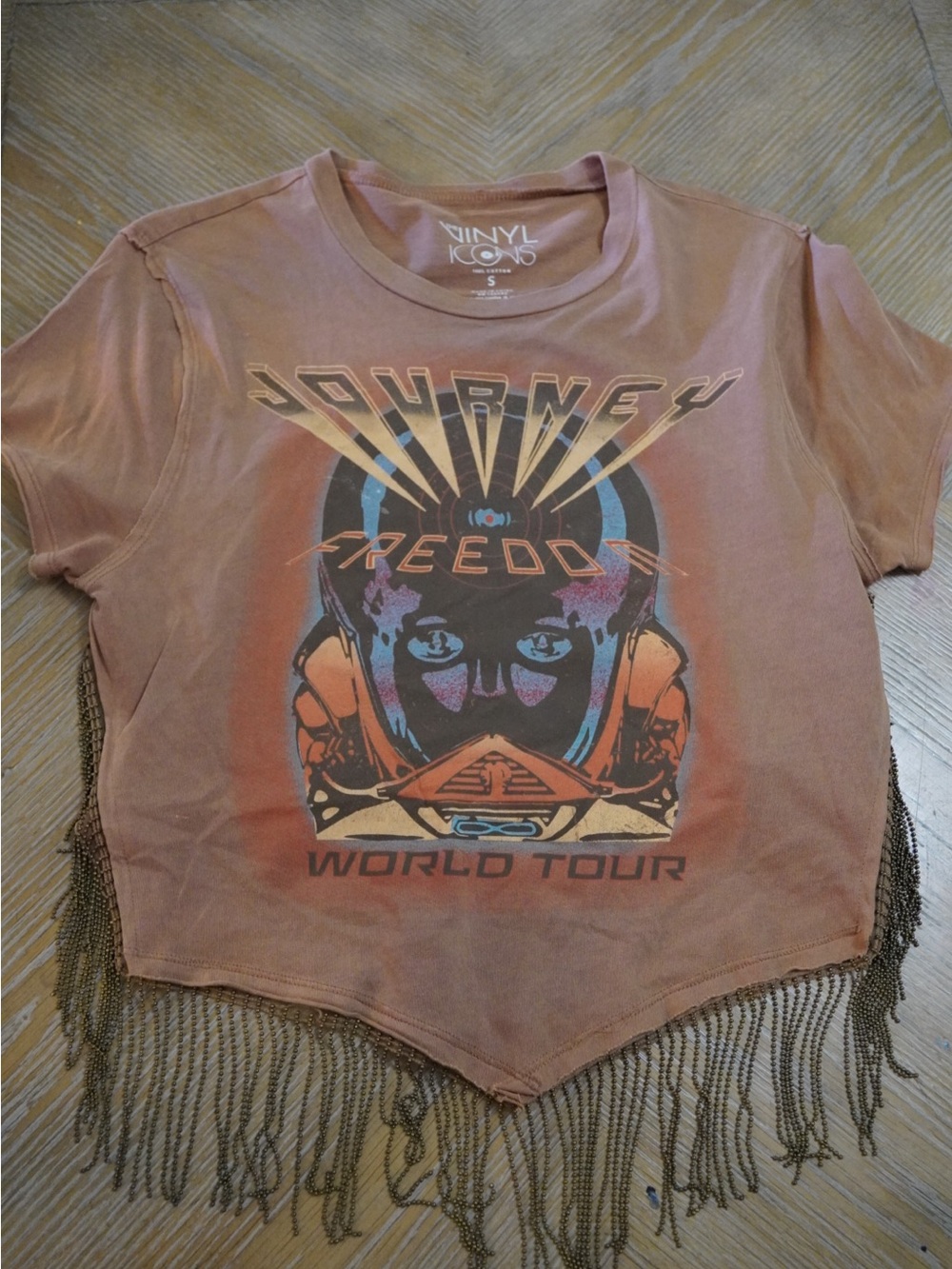 VINYL ICONS Rust Brown Graphic Fringe Crop Top